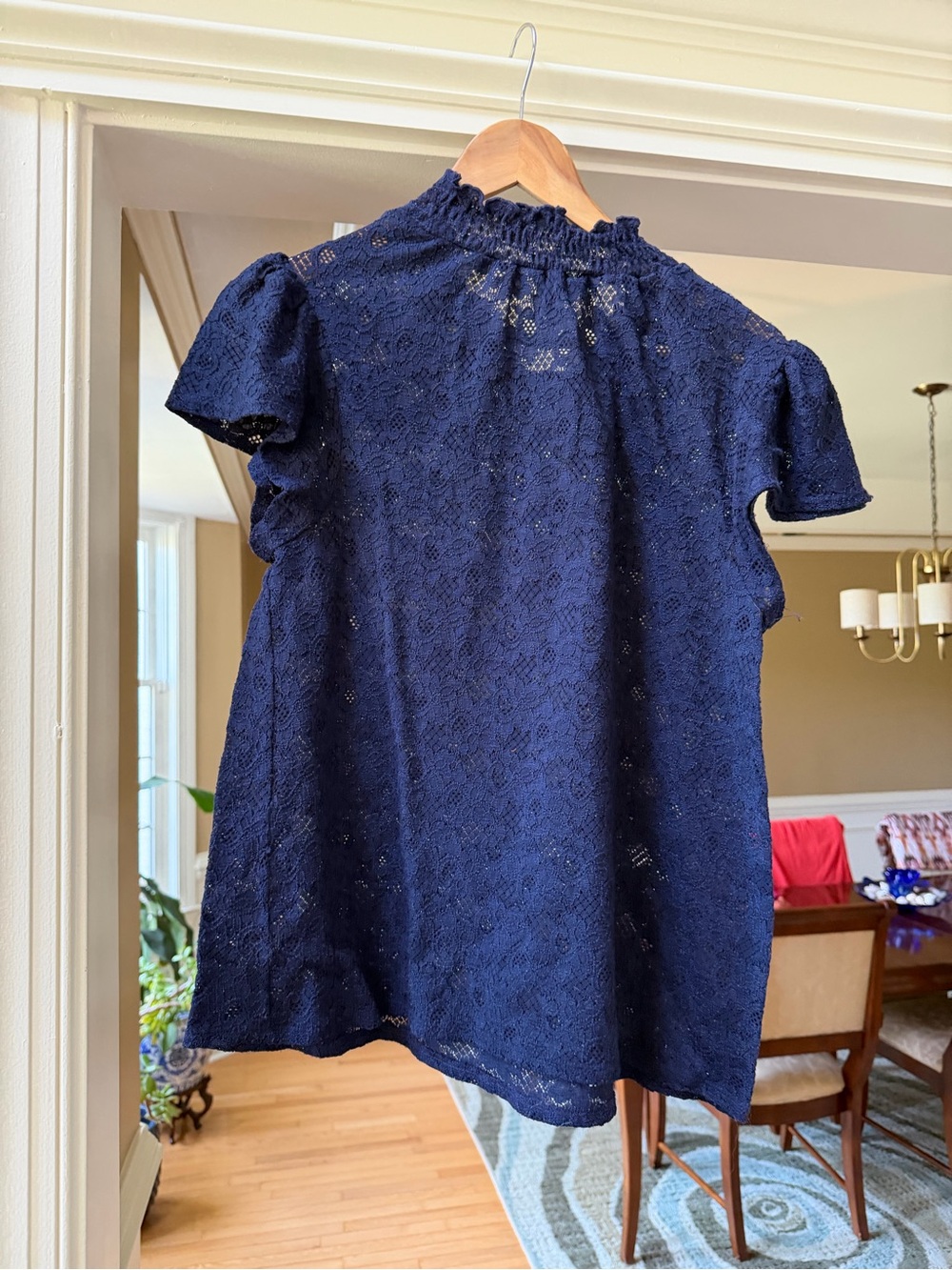 Women’s Navy Lace Short Sleeve Top - Casual Elegant